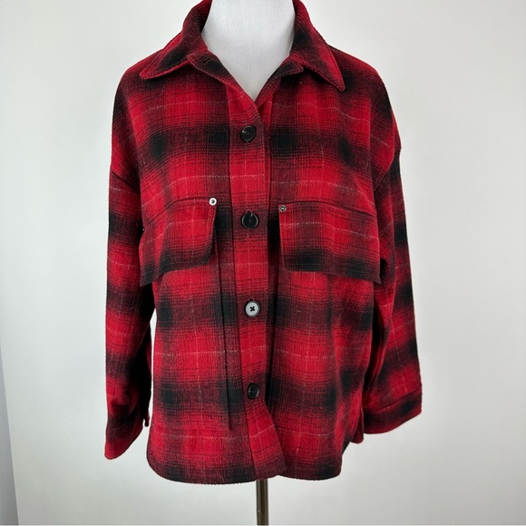 Zara Jackets & Blazers - ZARA Red Black Plaid Oversized Flannel Jacket Size Small